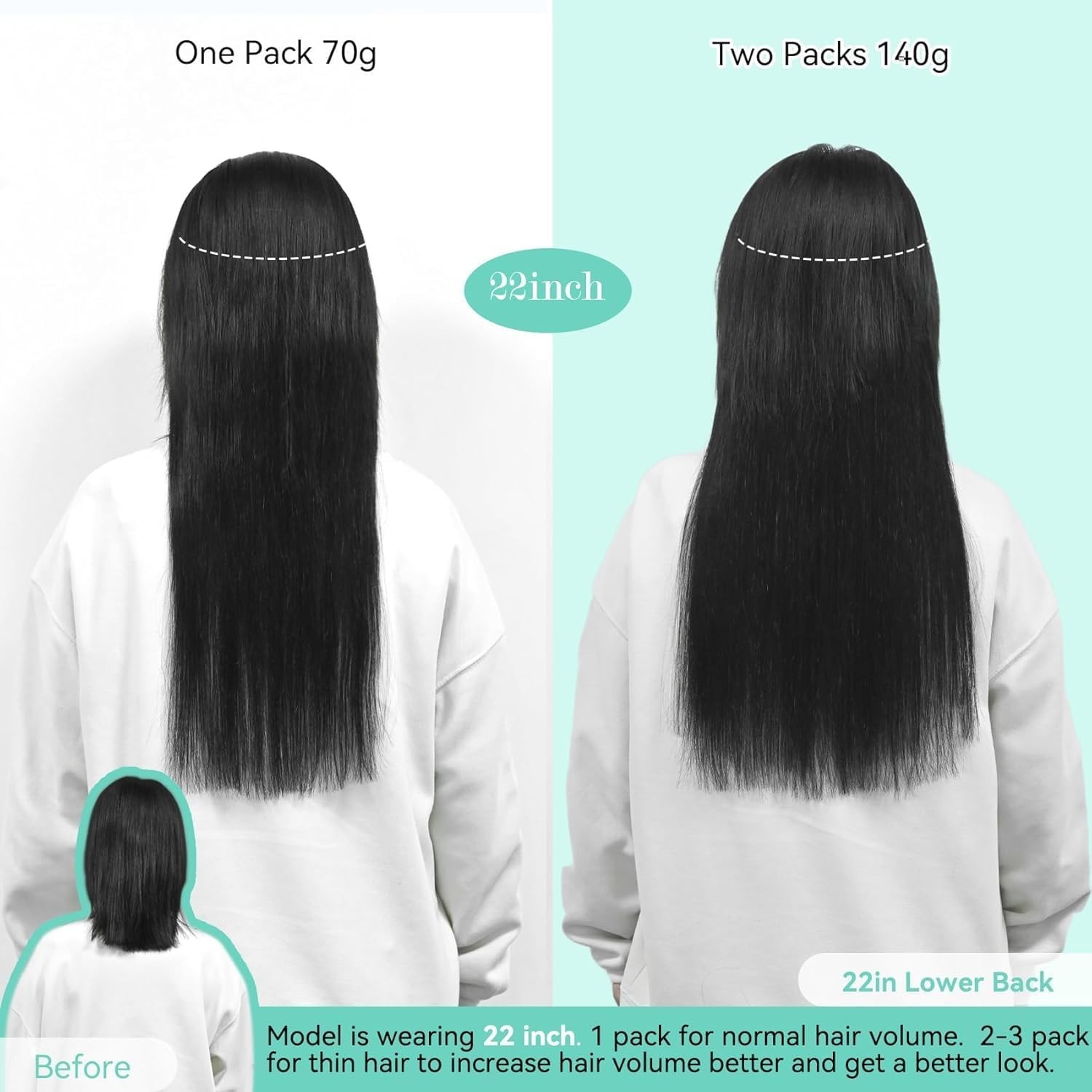 22″ Medium Brown Clip-in Hair Extensions, 115g Real Human Hair, Soft Straight Re