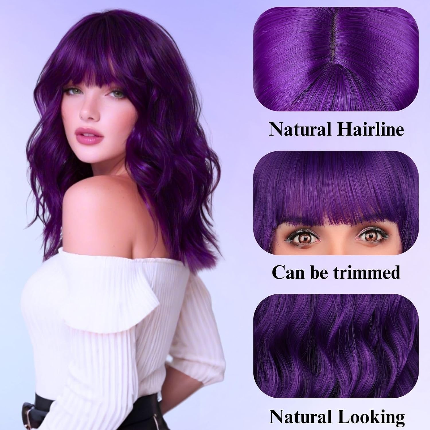 14″ Dark Purple Loose Wavy Bob Wig for Women Cosplay Party 169E818234