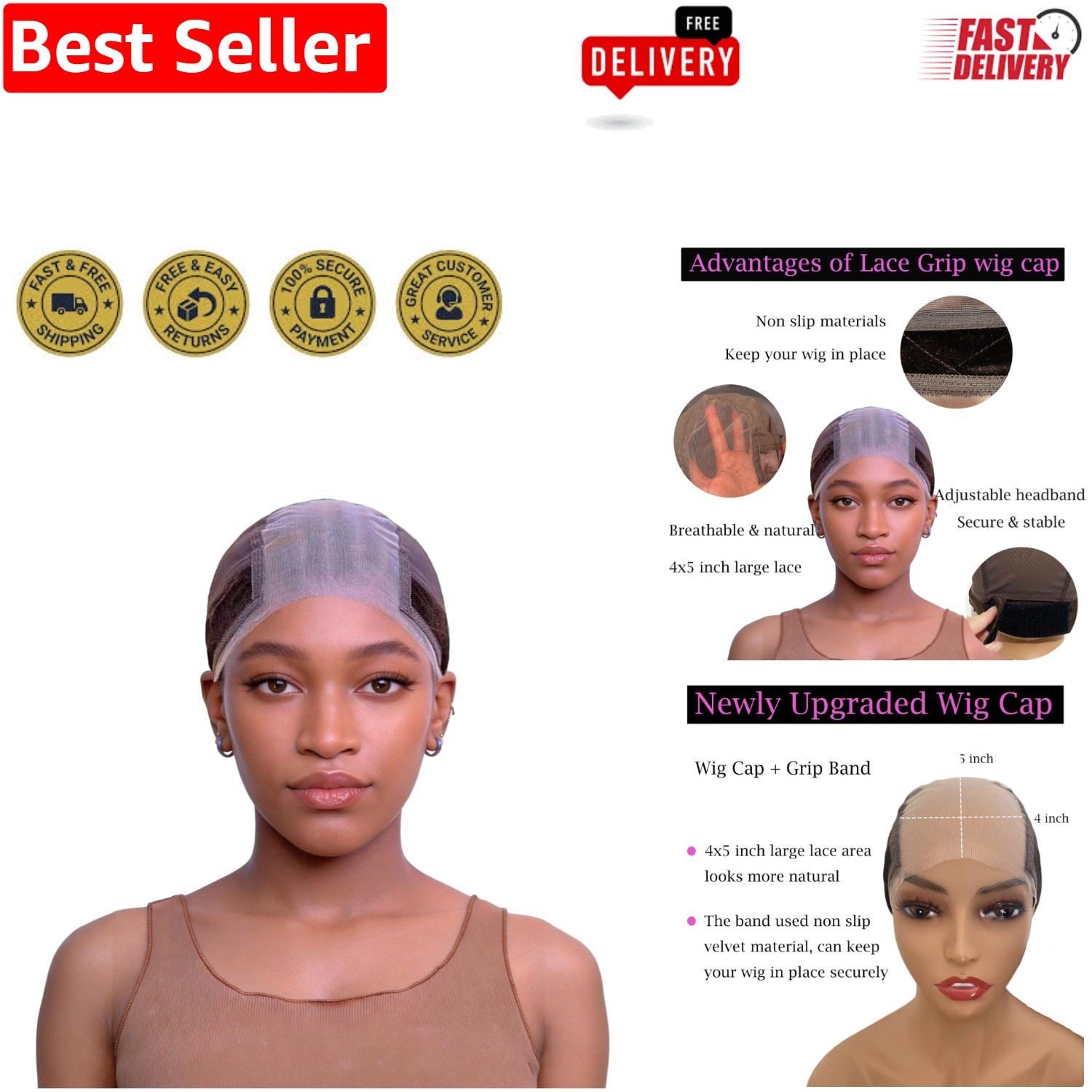 Essential Adjustable Lace Wig Grip Cap – 4×5 Transparent Brown – Women’s Choice