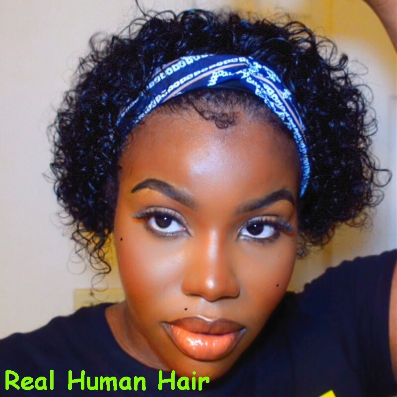Short Curly Headband Wig 100% Human Hair Pixie Cut Wigs for Black Women Daily