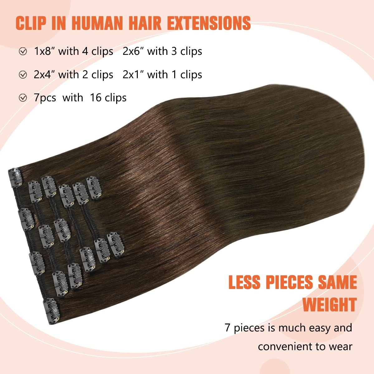 Medium Brown Clip in Hair Extensions Real Human Hair, 70g 7pcs 18inch,Soft & …