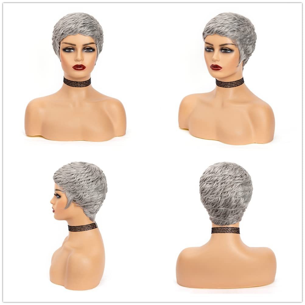 2″ Short Gray Pixie Wig Human Hair No Lace Mechanized Full Cap Wig