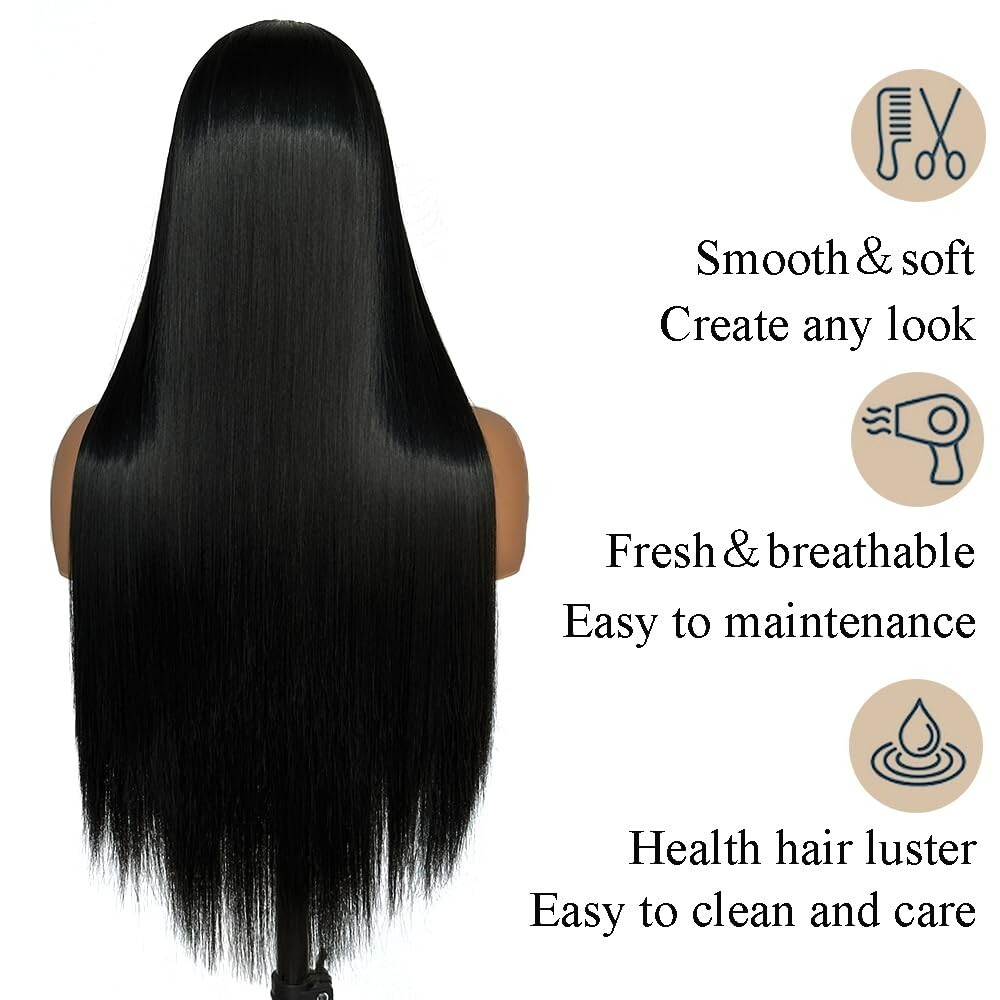 30″ Natural Synthetic Lace Front Wigs Black Long Straight Hair Heat Resistant US