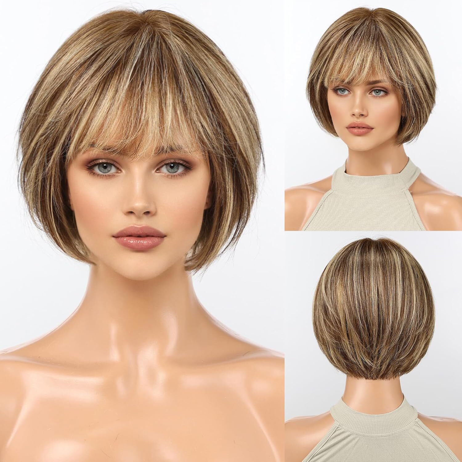 Short Bob Brown Mixed Blonde Wigs for Women 100% Human Hair Wigs with Bangs