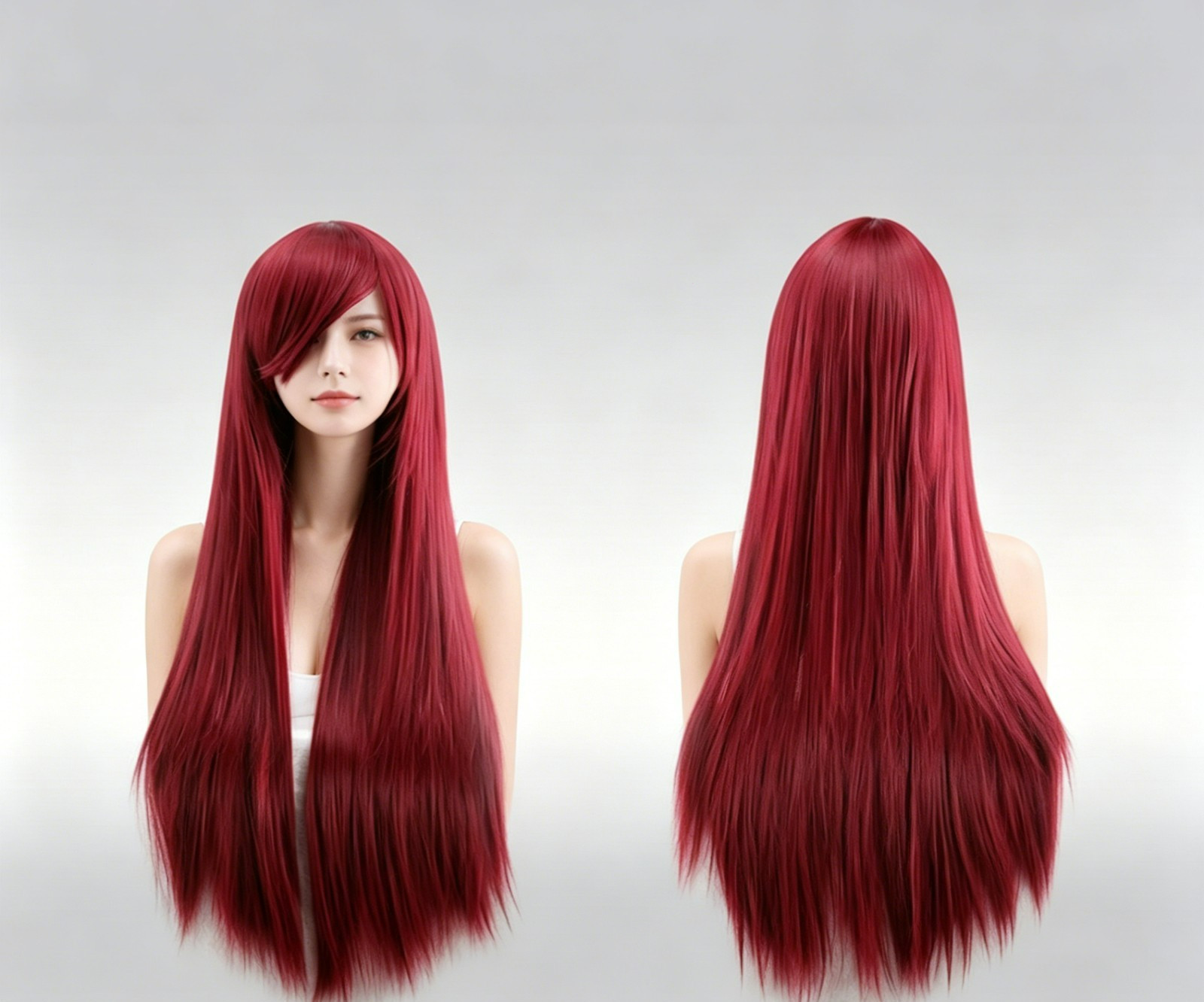 Wine Red New 80cm Straight Sleek Long Full Hair Wigs Side Bangs Rose net Party