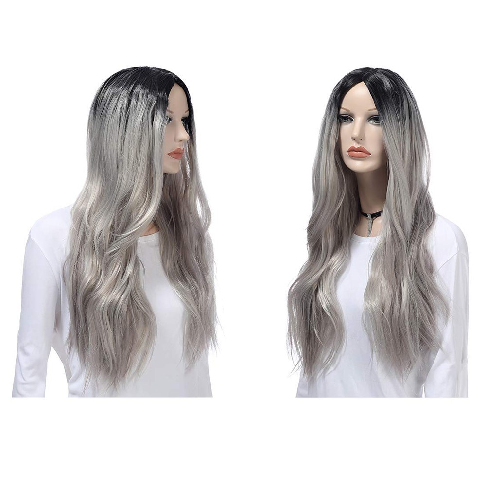 Women’s Wig Long Curly Hair Wigs Hair Ombre Silver for Cosplay Party Daily Use