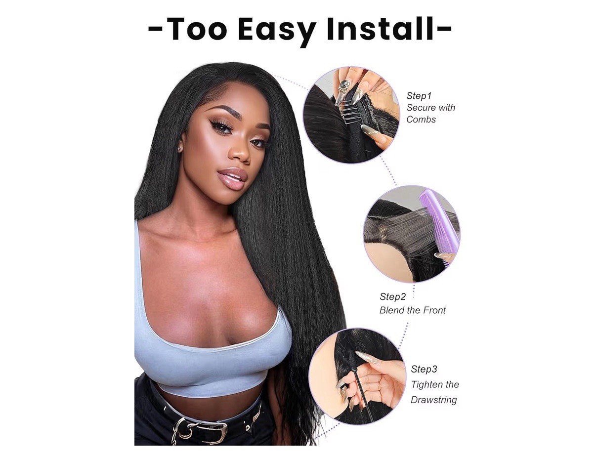 Kinky Straight Synthetic Hair Half Wig 3-in-1 Clip In Drawstring Black 22 Inch