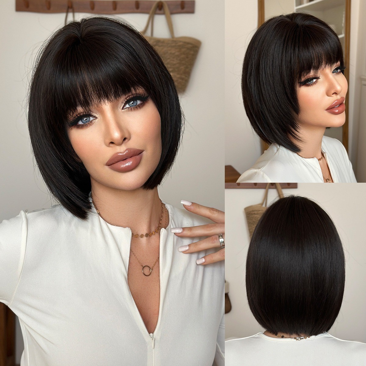 Black short hair wig with full head cover and pompadour hairstyle