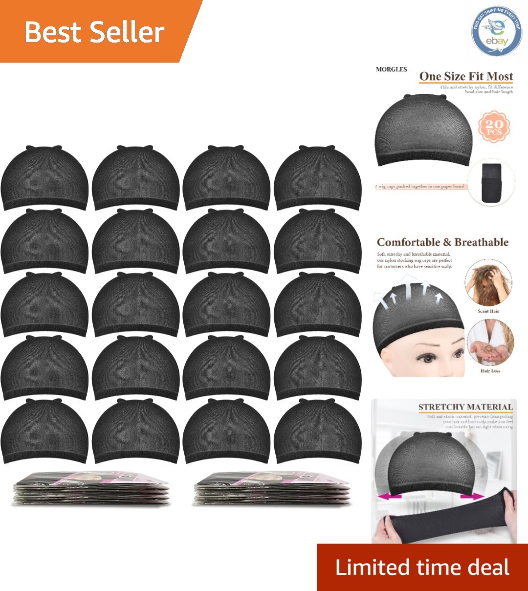 20 Durable Black Nylon Wig Caps – Secure Fit for Cosplay, Daily Wear & Halloween