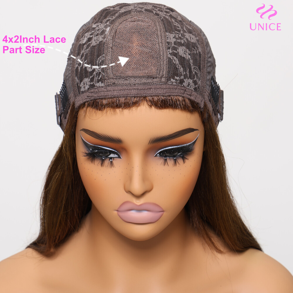 UNice Brazilian Brown Yaki Straight Human Hair Wig with Bang Lace Wigs Layer Cut