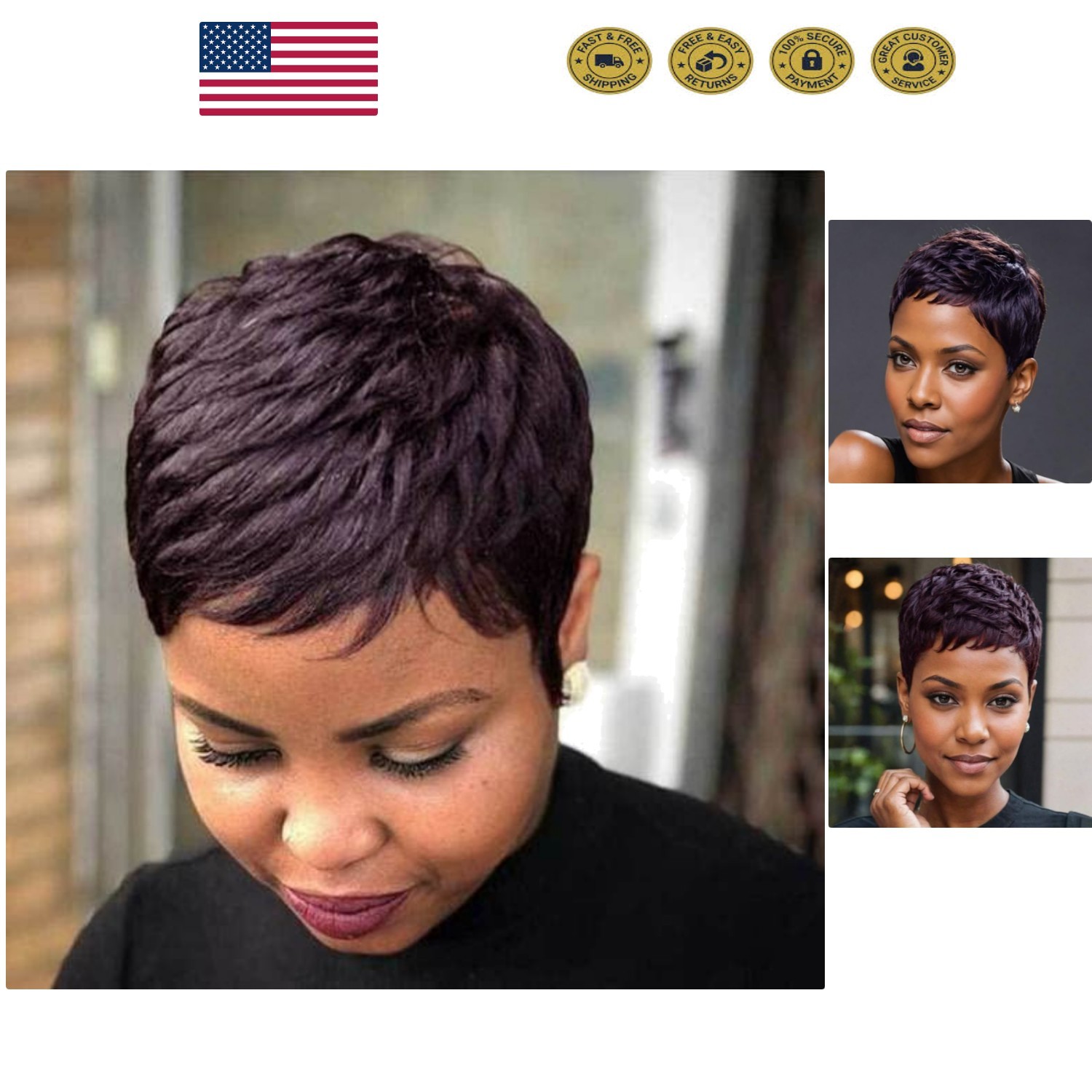 Natural Looking Short Pixie Wig with Face-Framing Bangs, Adjustable Straps