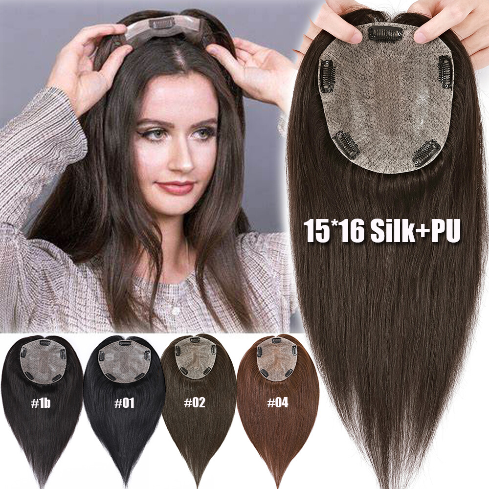 Silk Base 100%Human Hair Topper Clip in Hairpiece Wig Toupee Top Piece Side Part