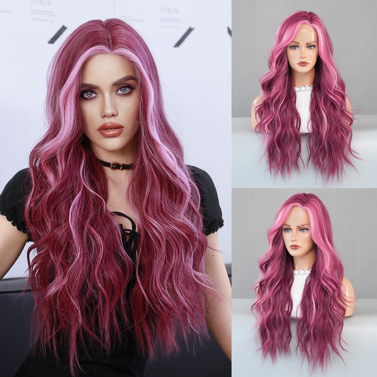 Small Lace Wig Synthetic Purple Balayage Long Wavy Full Head Wig For Women