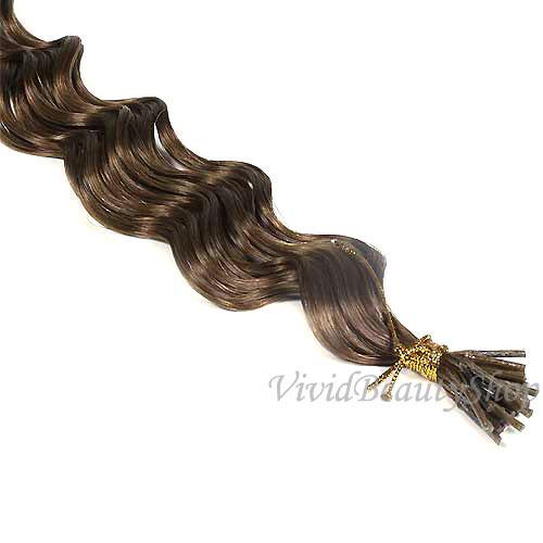 50 Deep Wave Curly I Stick Tip Micro Link Remy Human Hair Extensions Light Brown