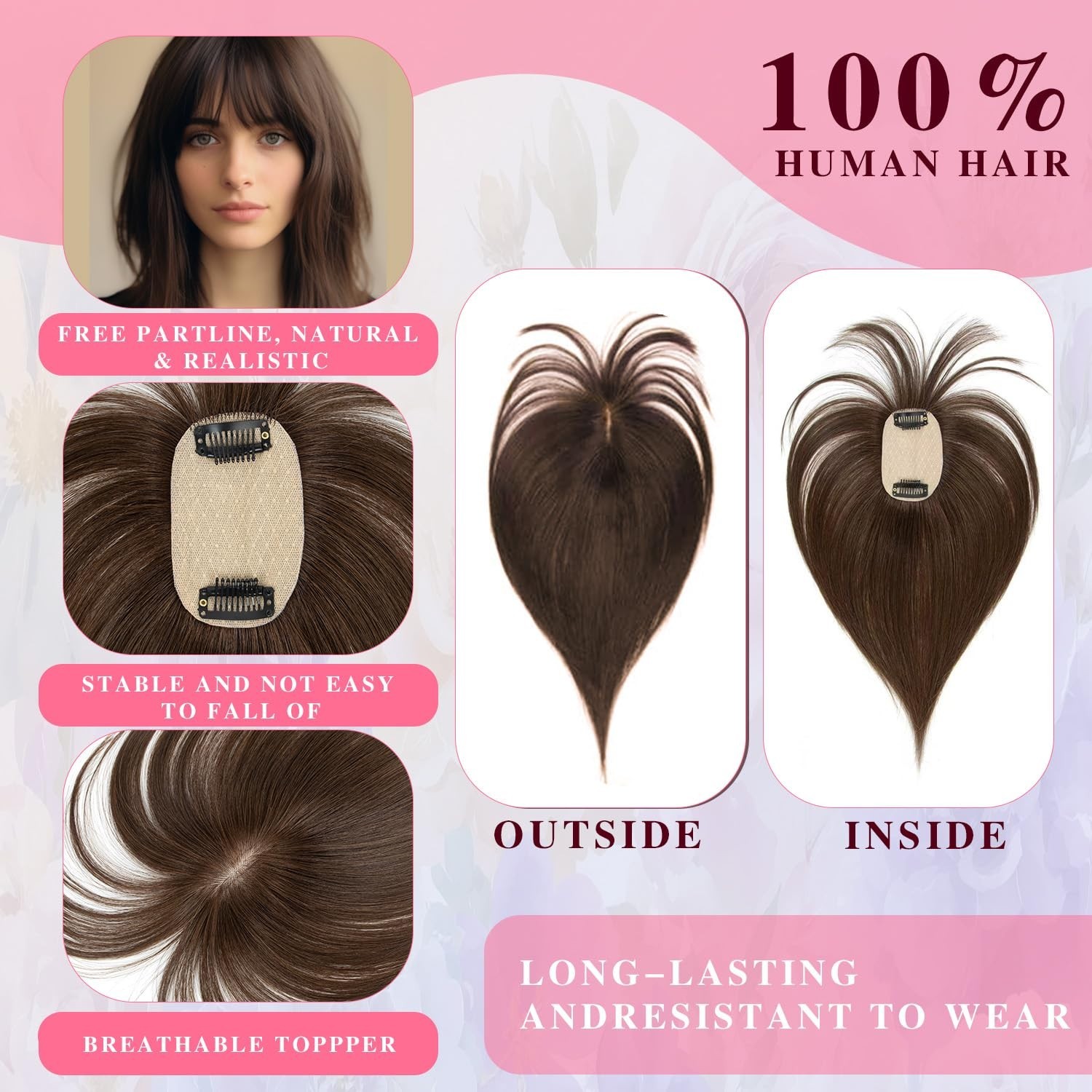 Medium Brown 100% Human Hair 8in Clip In Bangs Hair Topper