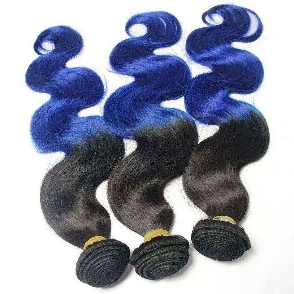 3 bundle + closure 4×4 1b#blue Body Wave Hair Human 8”