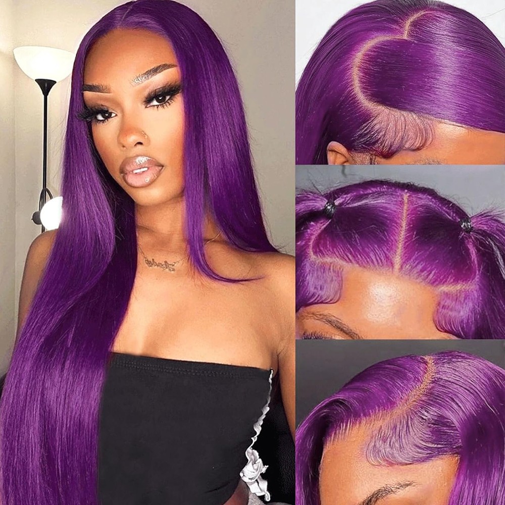 Women Purple Straight Hair 13×6 Free Part Pre Plucked Natural Hairline Glueless