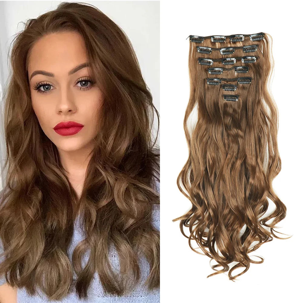 Curly Wavy Clip In Hair Extensions Full Head Synthetic Fake Hair Pieces For Girl