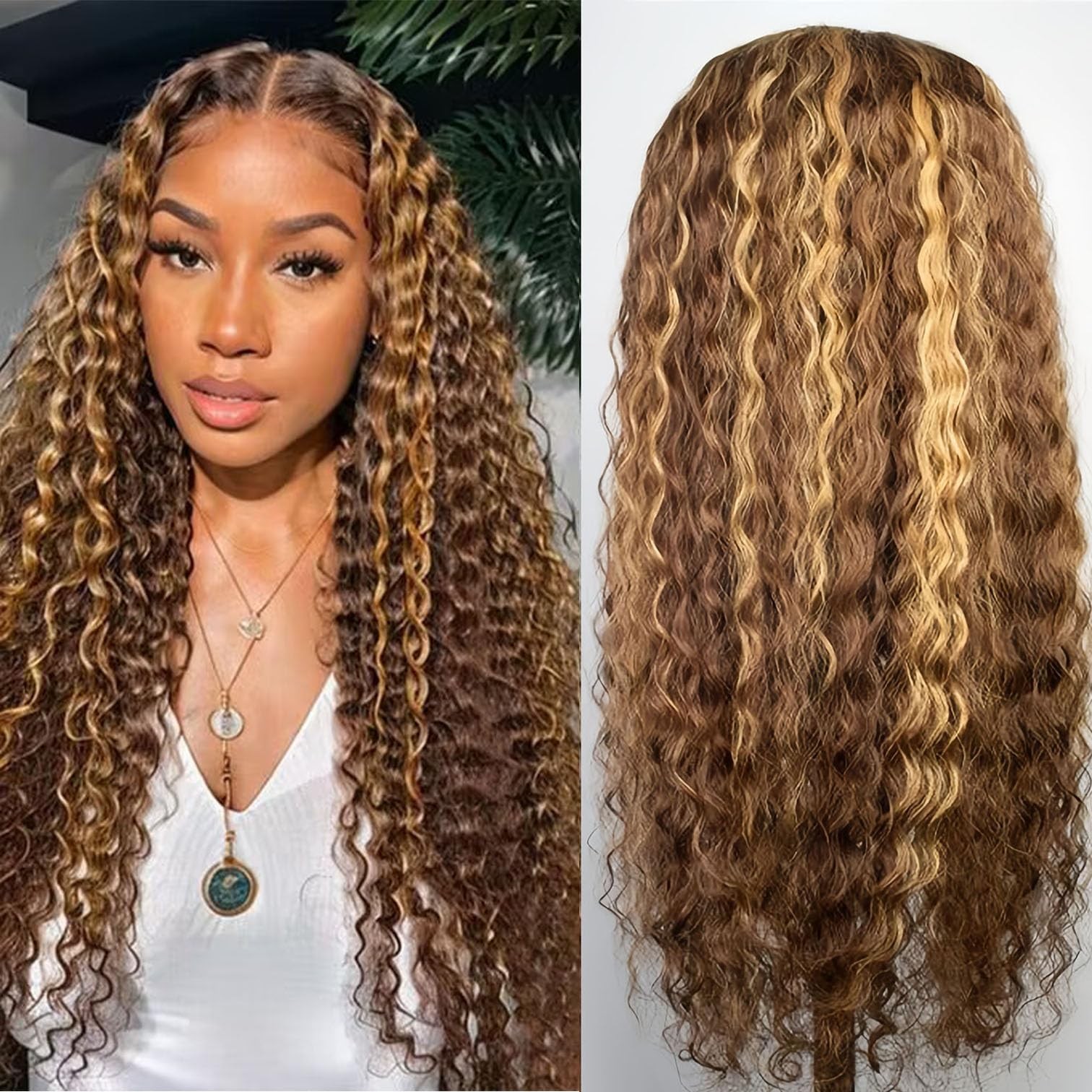 Highlight Ombre 4/27 Human Hair Wear and Go Glueless Wigs Deep Wave Curly Wet…