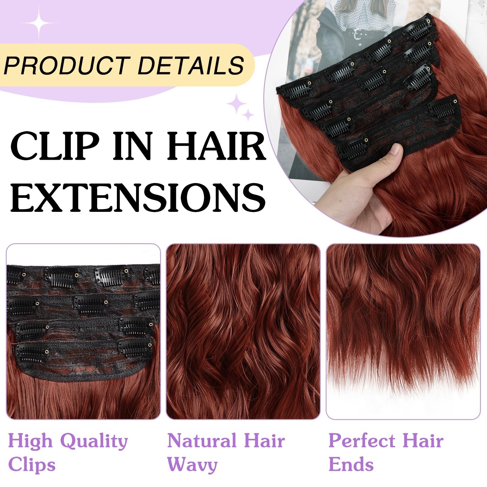 NAYOO 4PCS Clip-in Hair Extensions Long Wavy Curly Synthetic Thick Hairpieces Wi