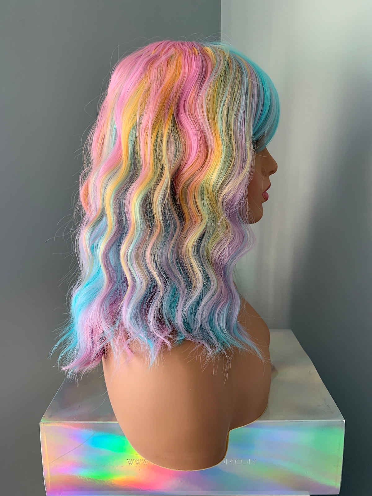 Pastel Rainbow Wig with Bangs Body Wave Multi-color Wig, 14 Inch Costume Cosplay