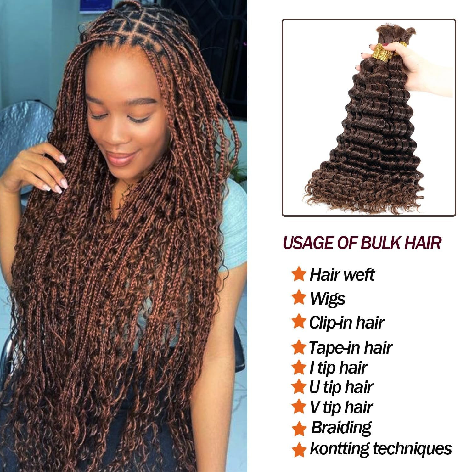 Xddnamei 4 Chocolate Brown Deep Wave Bulk Human Braiding Hair 100G 2 Bundles