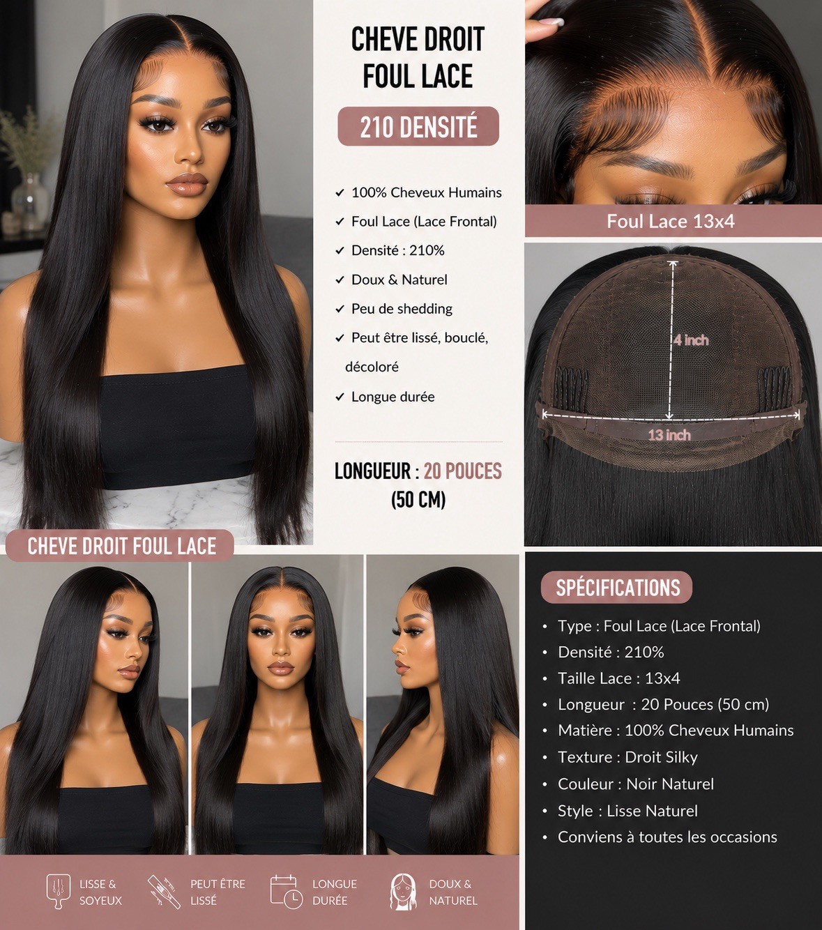 Women’s Lace Front Full Lace Wig Straight Black Human Hair Middle Part 20 in
