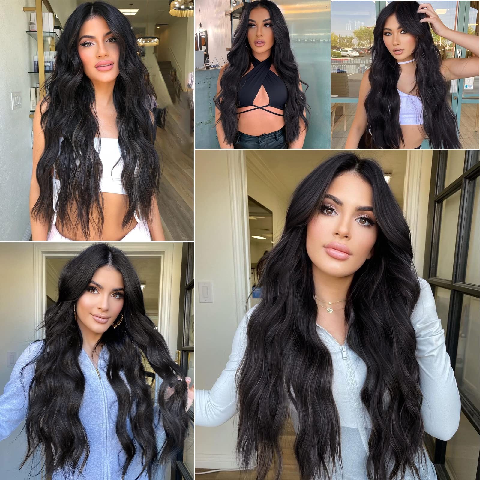 AISI QUEENS Long Black Wigs for Women Middle Part Curly Wavy Black Wig Natura…