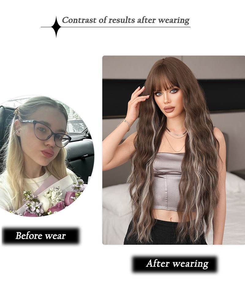36in Extra Long Highlighted Wavy Wig with Bangs Heat Resistant Synthetic Cosplay