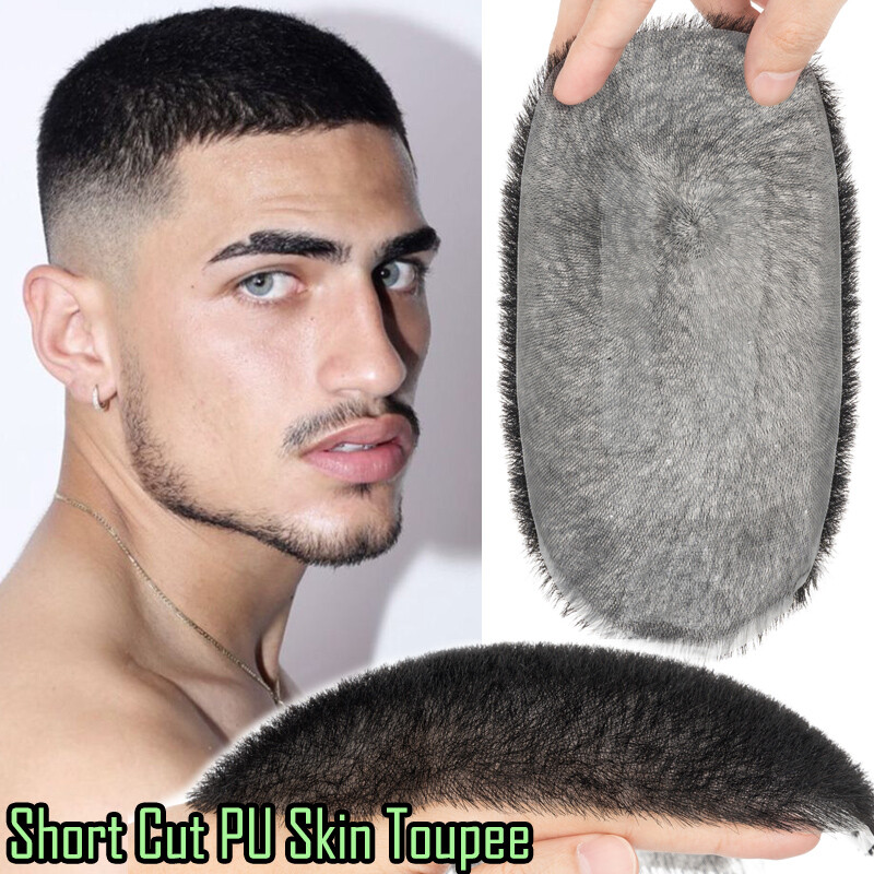 Mens Human Hair Toupee Hairpiece System Ultra Thin PU Skin Base Topper Wig Short