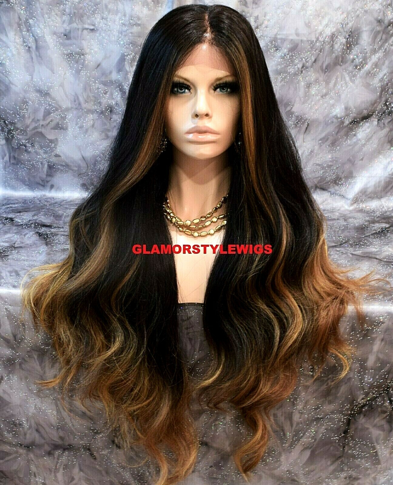 360 Free Part Human Hair Blend Lace Front Wig Long Ombre Brown Golden Blonde Mix