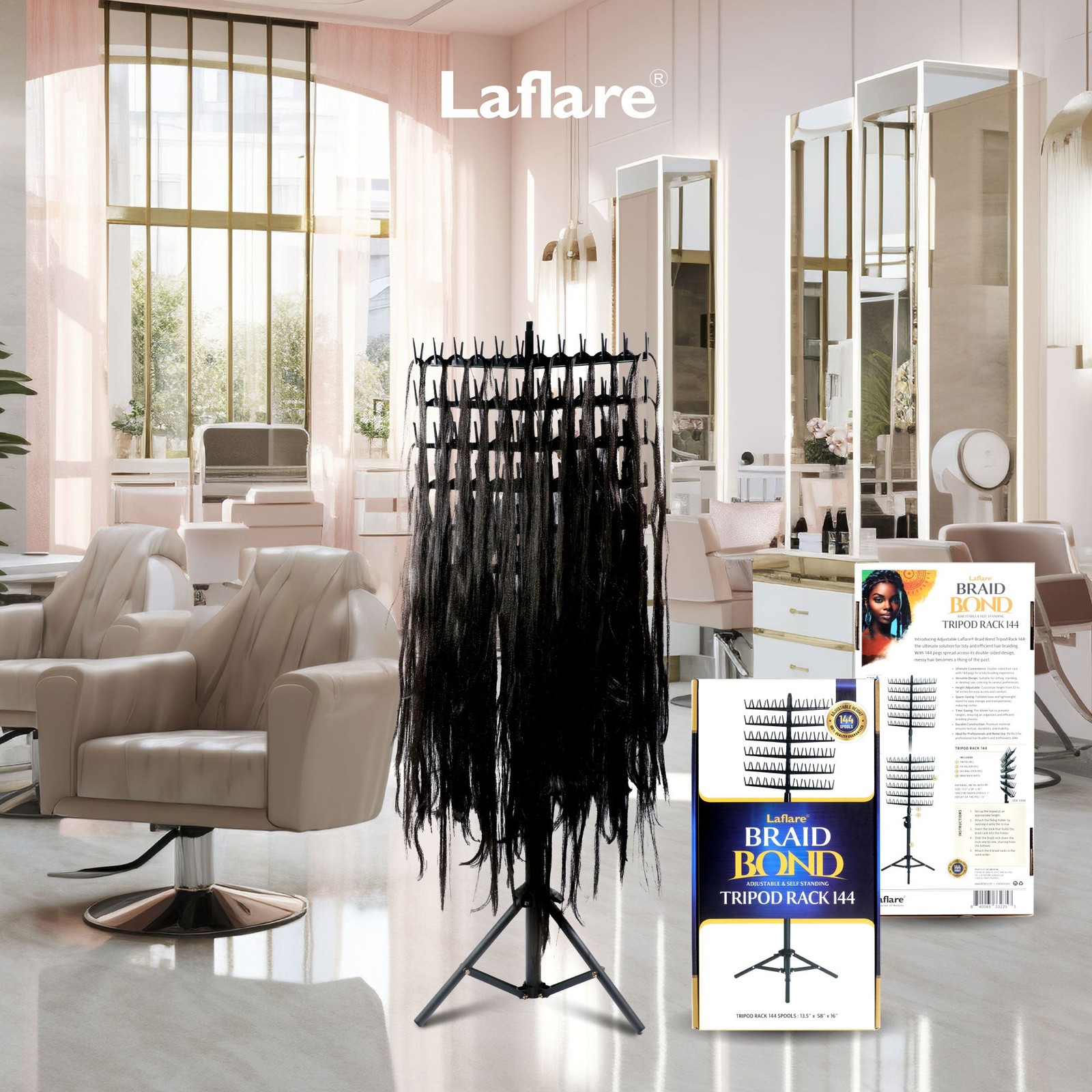 Laflare Braiding Hair Stand – Tripod Rack 144 Pegs Hair Extension Holder