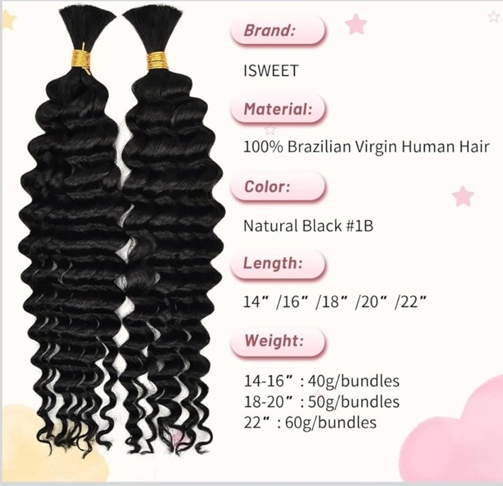 2 Bundles 20” Deep Wave Human Braiding Hair 100g 10A Brazilian Virgin Wet & Wavy
