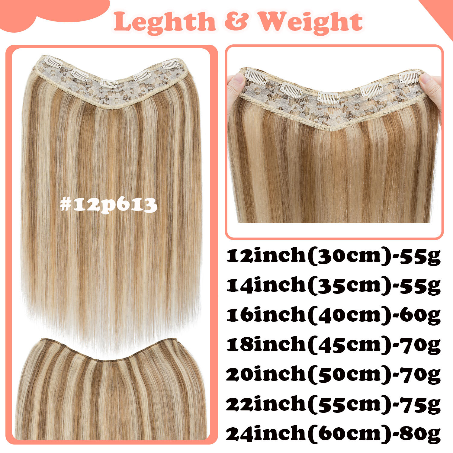 V-Shape Real Remy Human Hair Extensions One Piece Clip In 3/4Full Head Highlight