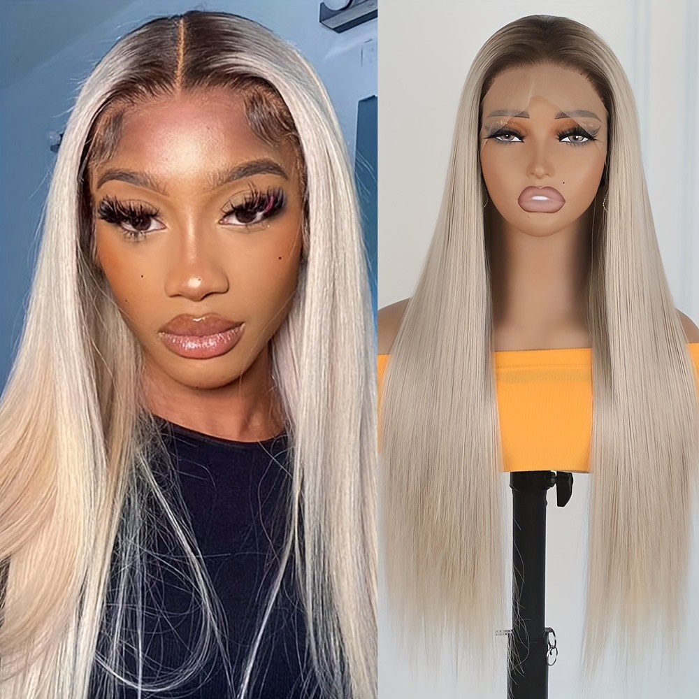 Ombre Brown Blonde Synthetic Lace Front Wigs Glueless Long Silky Straight Hair