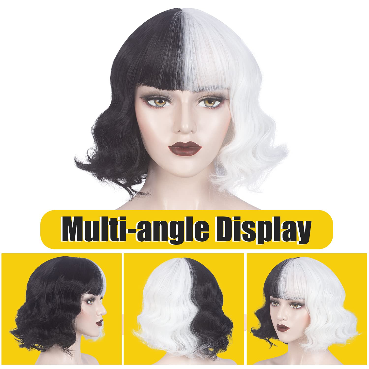 WeKen Short Half Black White Wig woman teen wavy bangs cosplay stage costume