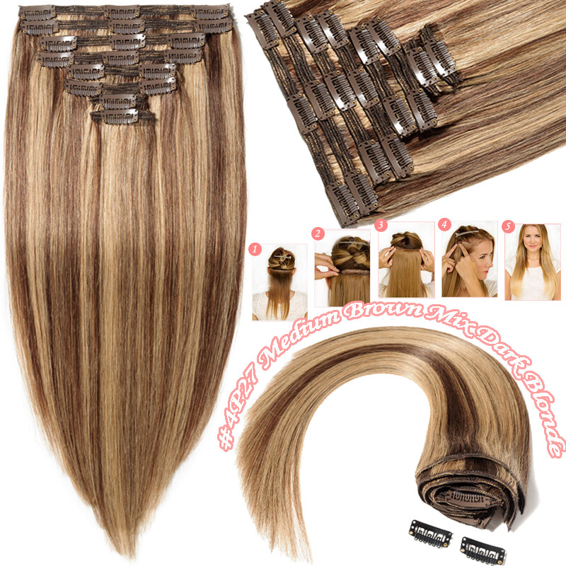Double Weft Thick Clip In Remy Human Hair Extensions Full Head Ombre Body Wave