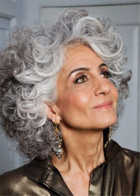 Salt and Pepper Medium Layered Gray Curly Synthetic Hair Capless Wigs