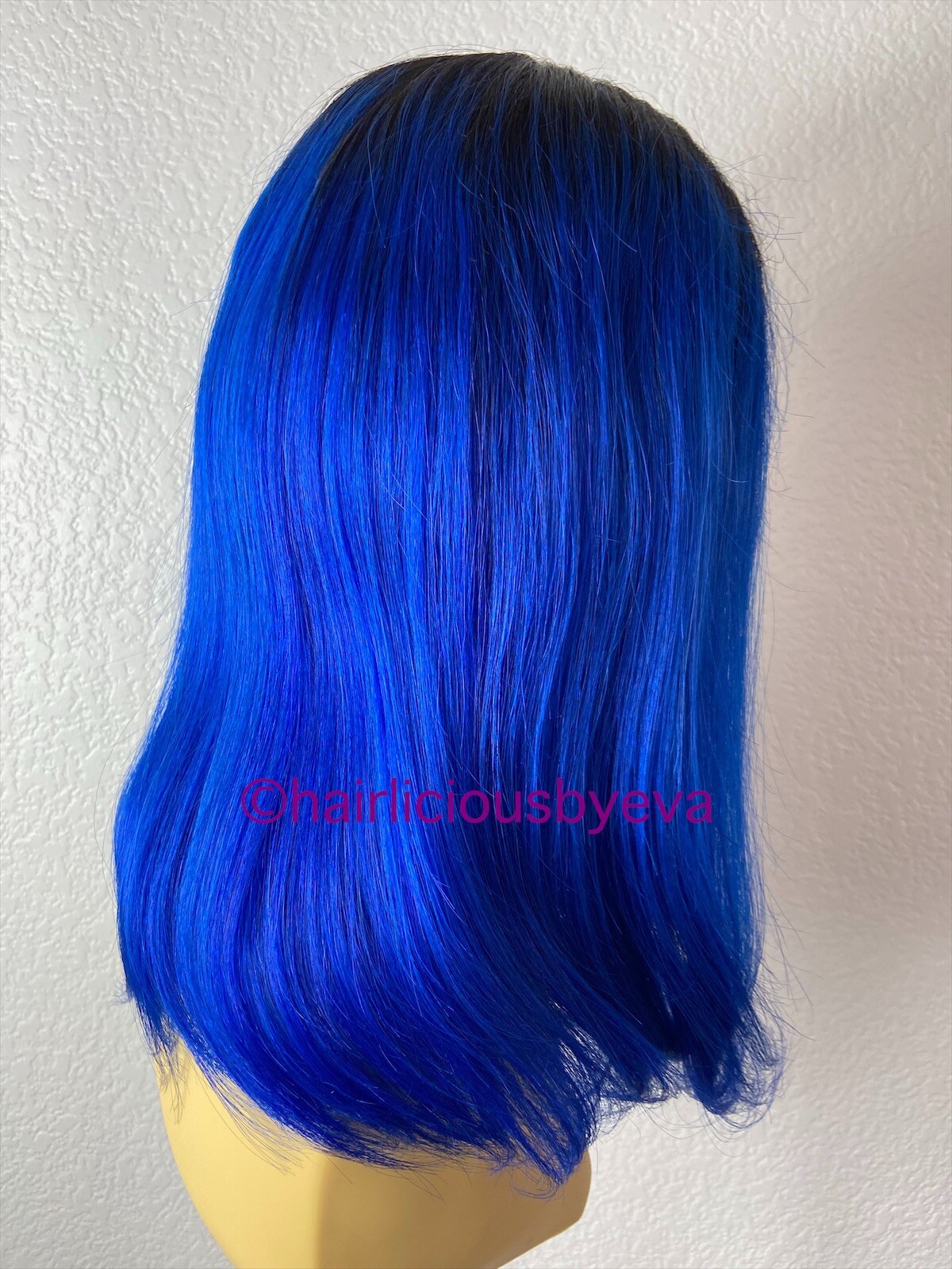 100 Percent Human Hair Wig Blue Ombré Black Lace Front Middle Part 16 Inch Long