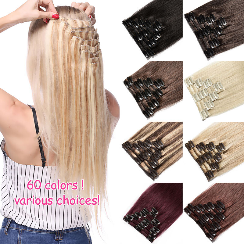 Thick Double Weft Clip In Real Remy Human Hair Extensions 8PCS Full Head Ombre T