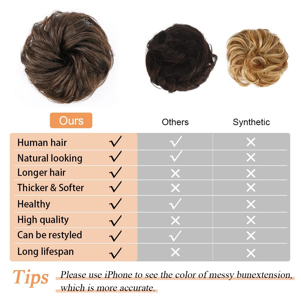 Cetiq Messy Bun Hair Piece100% Human Layered Wavy Curly Buns Dark Brown