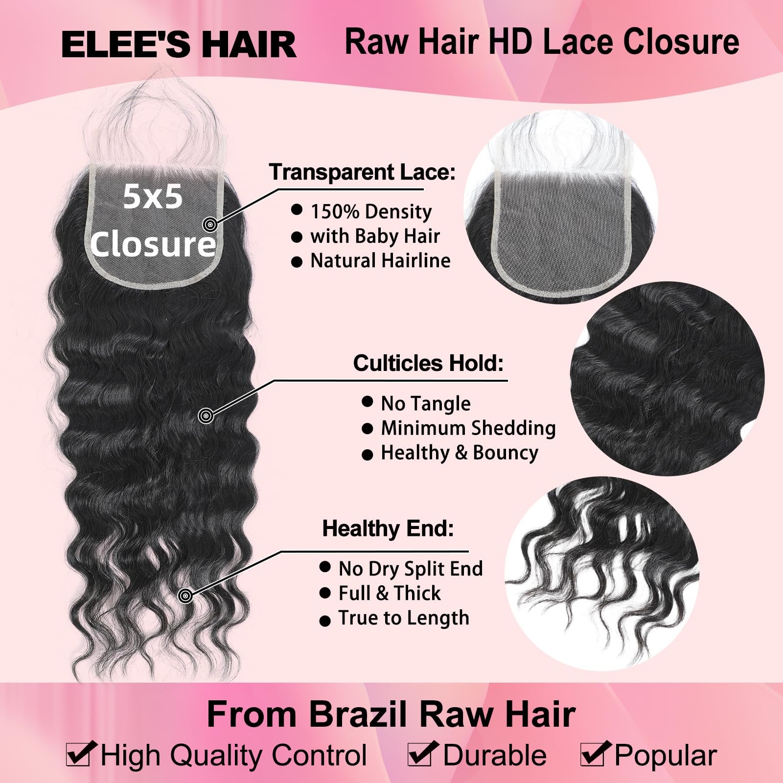 Elee’S Hair 18A Loose Wave Bundles Human Hair 5X5 Hd Lace Closure 14 16 18 14