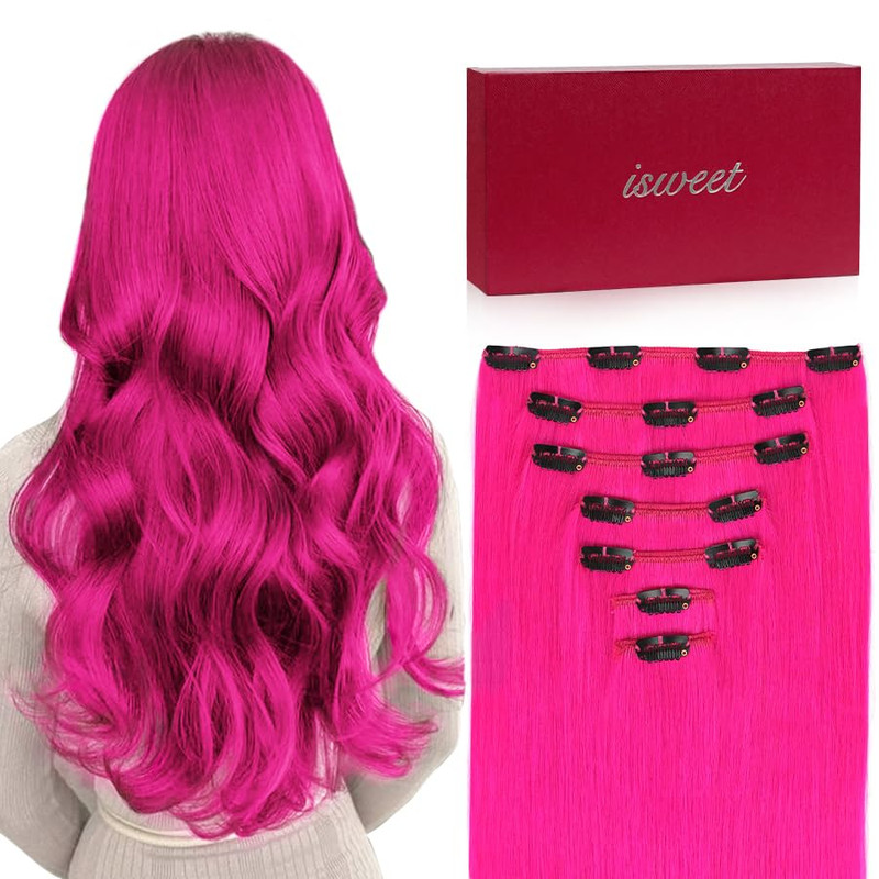 Isweet 7Pcs Clip In Hair Extensions Real Human Hair 20 Inch 110G Hot Pink Soft