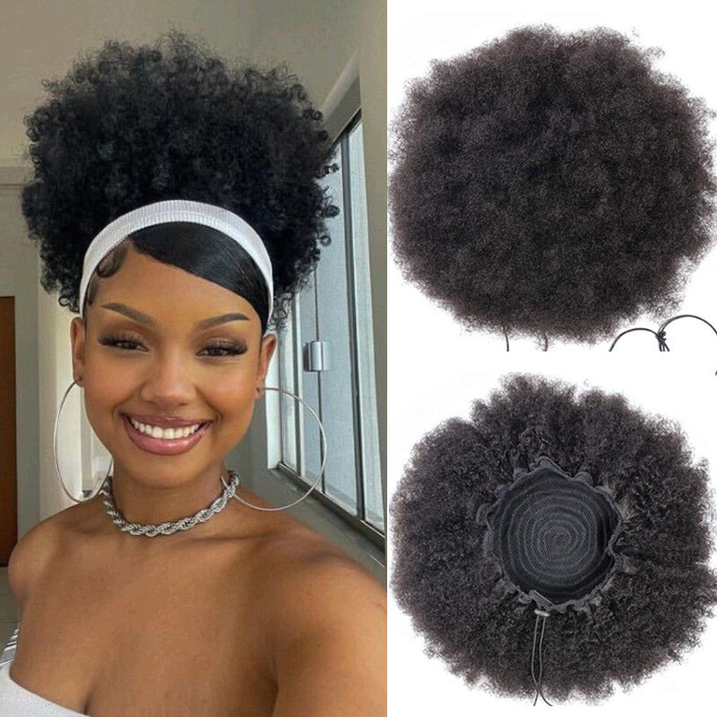 Extra Large Afro Kinky Curly Puff Bun Clip in Human Hair Extensions Ponytail US