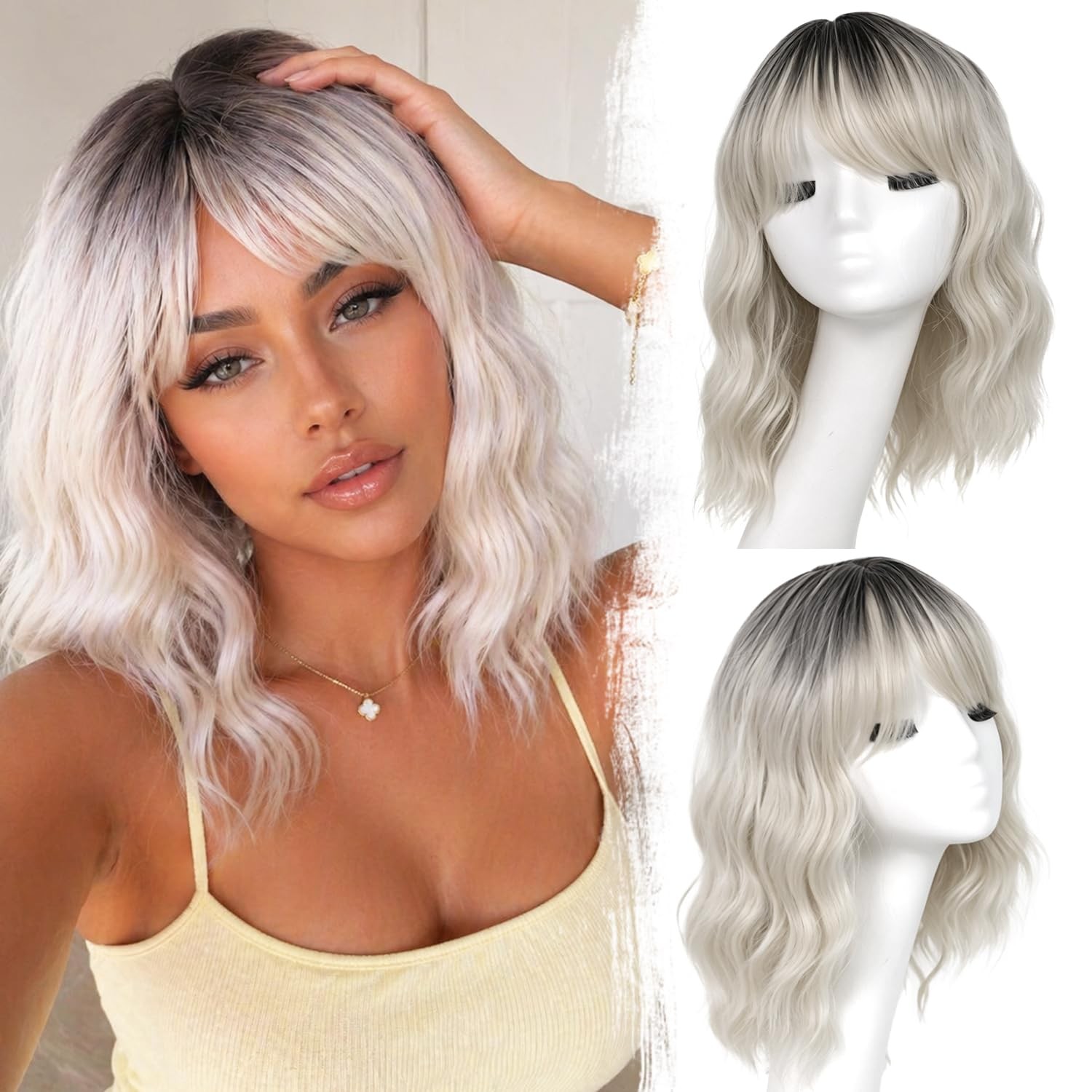 Black Mixed Brown Wig with Bangs Short Wavy Bob Wigs for Women Synthetic 14 Inch