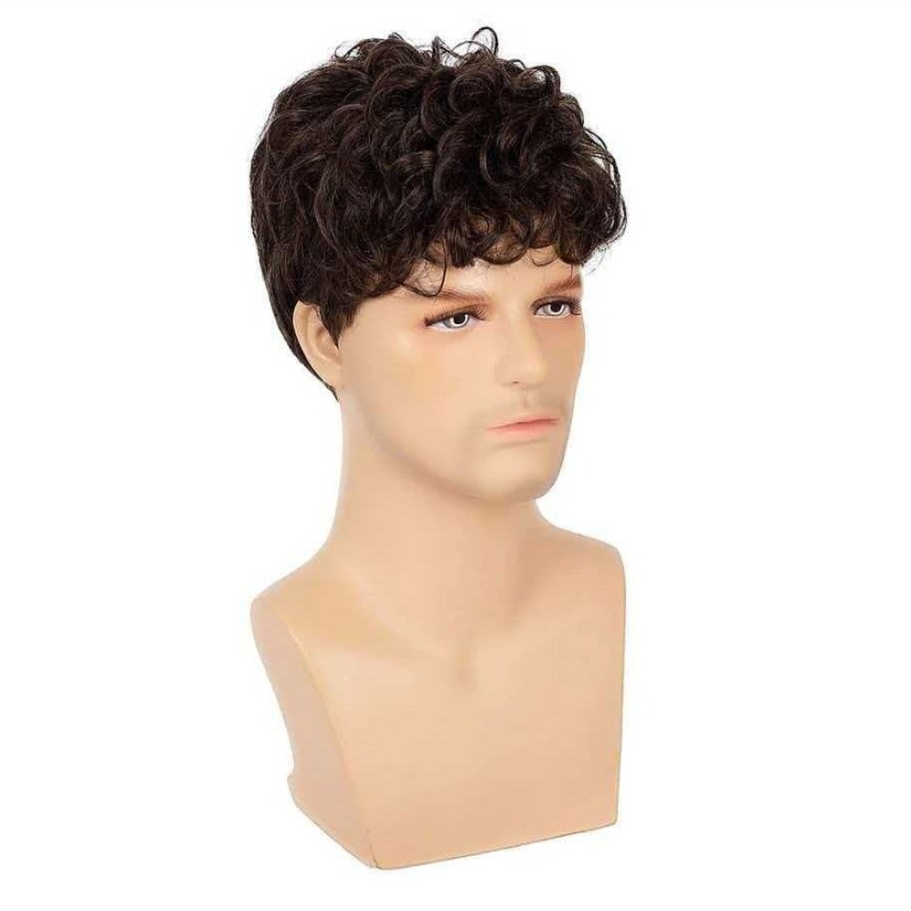 Men’s 8in Short Curly Brown Wig Full Heat Resistant Synthetic Cosplay Party