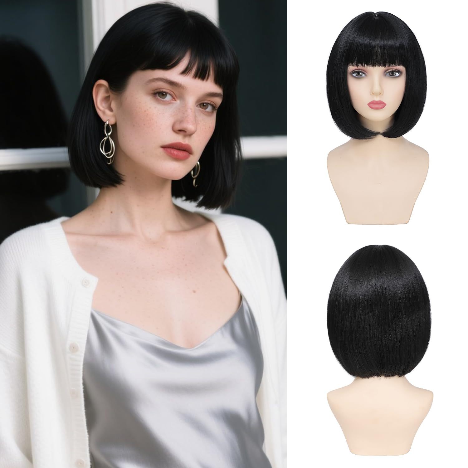 12 Inch Bob Wig with Inward Bangs for Women Multi Color Heat Resistant