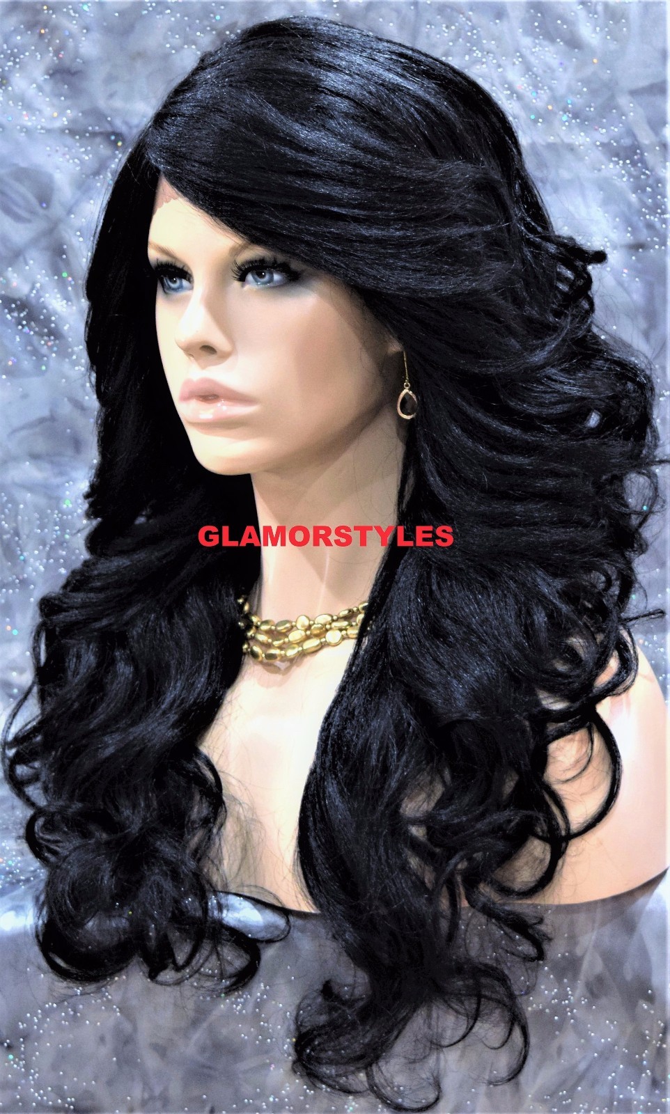 LACE FRONT FULL WIG LONG WAVY LAYERED SIDE PART JET BLACK #1 HEAT OK NWT