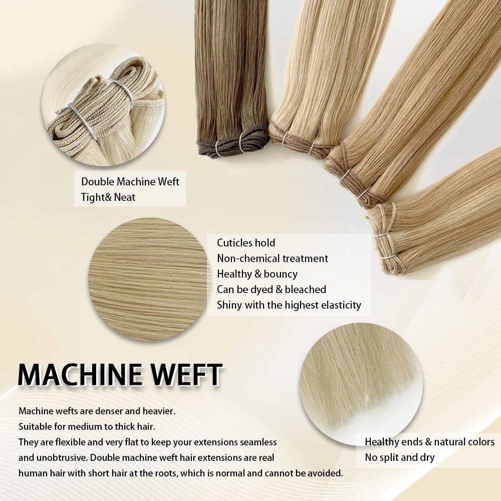 100%Human Hair Weft Hair Extensions Double Weft Machine Stitching Remy Real Hair