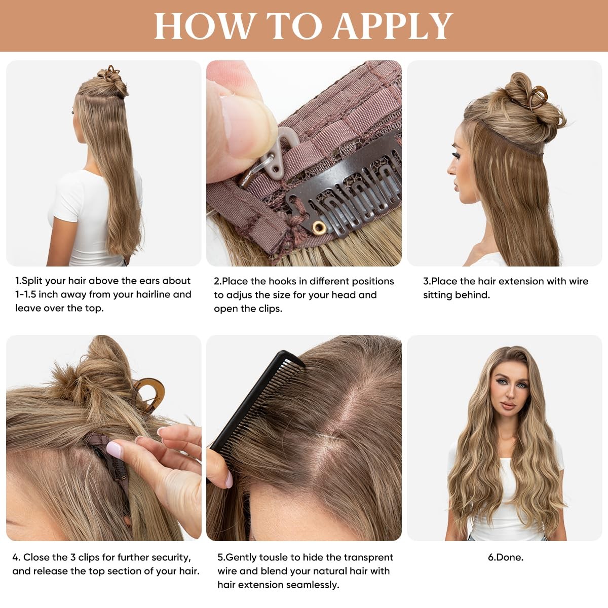challeam Invisible Transparent Wire Hair Extensions Wavy Curly Long Synthetic